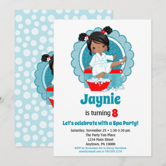 Invitation Filles de la fête Spa afro-américaine anniversaire (Devant / Derrière)
