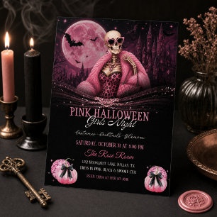 Invitation Filles de la nuit d'Halloween rose Glam Skeleton