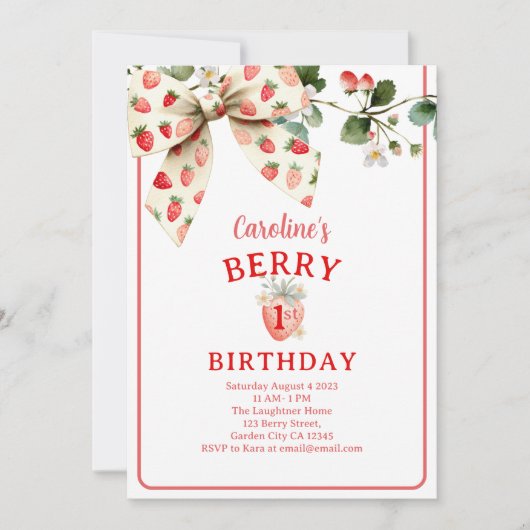 Invitation Filles de l'arc de fraise Premier Anniversaire (Devant)