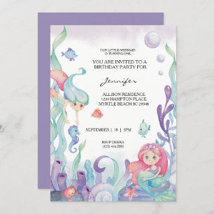 Invitation Filles de sirènes 1er fête d'anniversaire sous la 