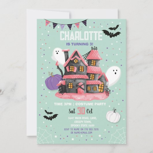 Invitation Filles d'Halloween Fêtes d'anniversaire Maison Fan (Devant)