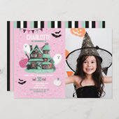 Invitation Filles d'Halloween rose Fun House Fantômes de fête (Devant / Derrière)