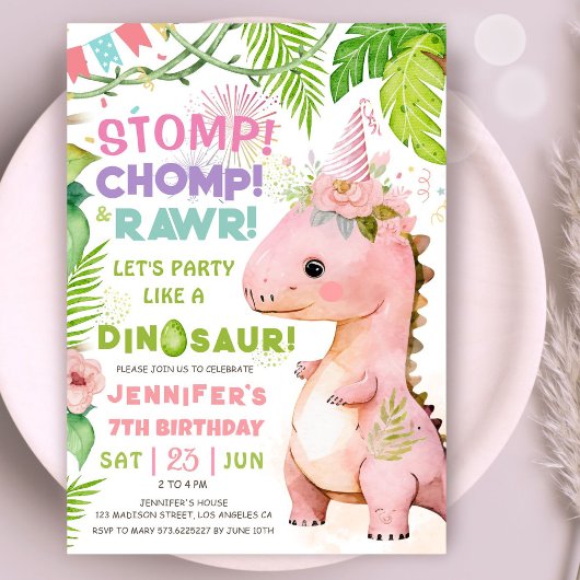 Invitation Filles Dinosaur 7e fête d'anniversaire mignonne Pi