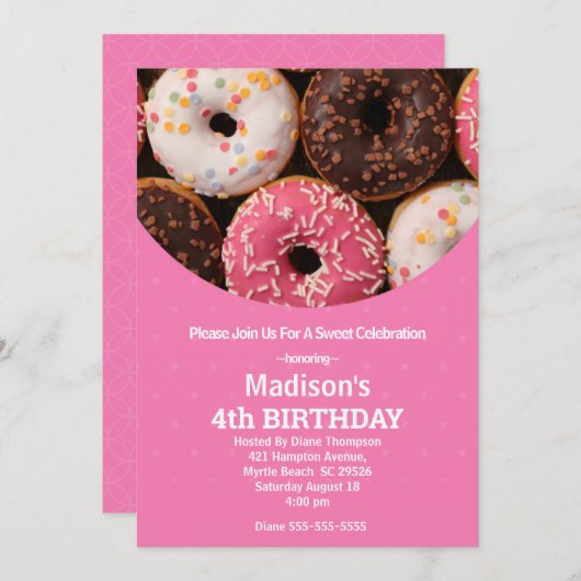 Invitation Filles Donut Fête d'anniversaire n'importe quel âg (Devant / Derrière)