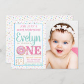 Invitation Filles Donut Photo 1er Anniversaire (Devant / Derrière)