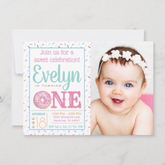 Invitation Filles Donut Photo 1er Anniversaire (Devant)