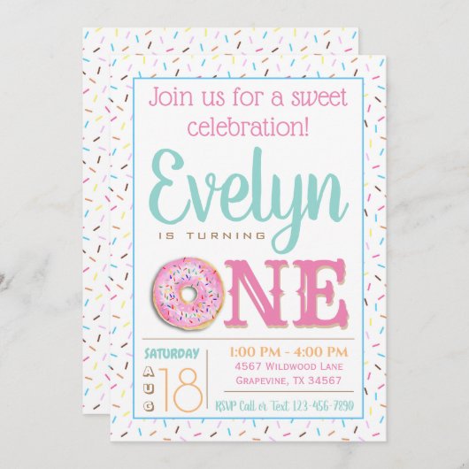 Invitation Filles Donut Première fête d'anniversaire (Devant / Derrière)