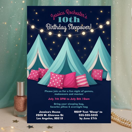 Invitation Filles Dormir Dernier Anniversaire Tentes Fête Écl