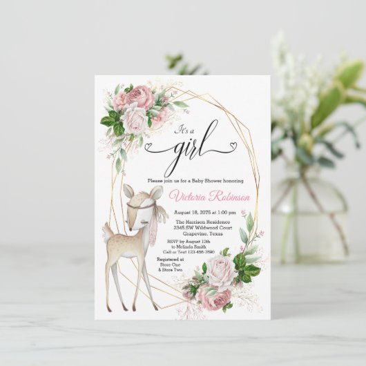 Invitation Filles Elegant Boho Deer Baby shower (Debout devant)