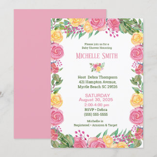 Invitation Filles Elégant rose Yellow Roses Baby shower