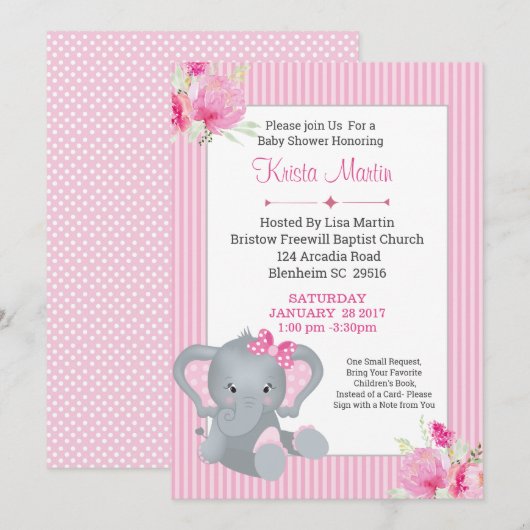 Invitation Filles Eléphant Floral Apportez un Baby shower de (Devant / Derrière)