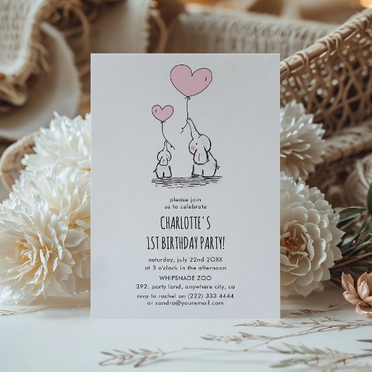 Invitation Filles Eléphant Rose mignonne minimum fête d'anniv