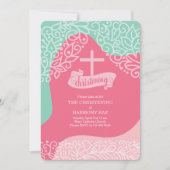 Invitation Filles en rose et vert de mer avec baptême croisé (Devant)