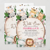 Invitation Filles en tranches de bois Foliage Safari Annivers (Devant / Derrière)