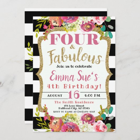 Invitation Fille's Fall Floral Four & Fabuleux 4e anniversair (Devant / Derrière)
