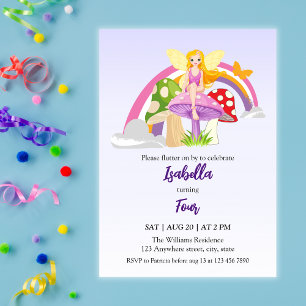 Invitation Filles Fée Champignon Arc-en-ciel Anniversaire