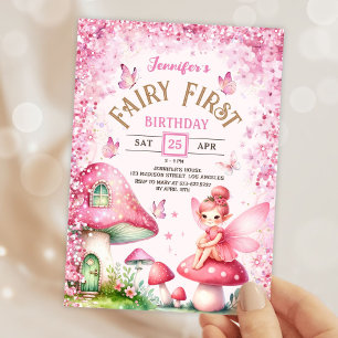 Invitation Filles Fée Premier Anniversaire Rose Forêt Enchant