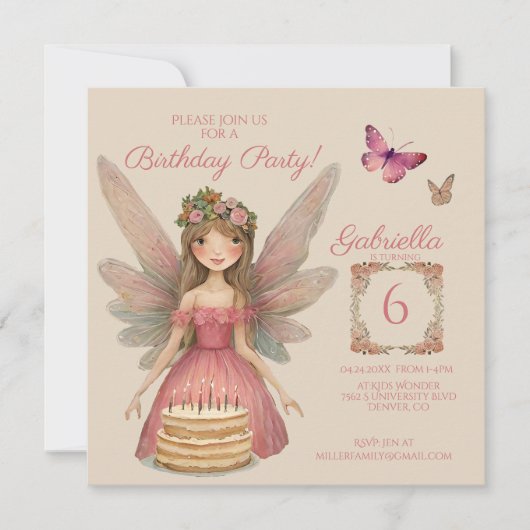 Invitation Filles Fées Roses Anniversaire (Devant)