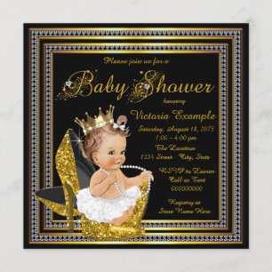 Invitation Filles Fête de Bébé Talons Hauts Or Noir