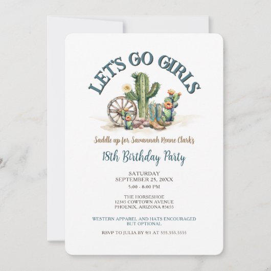 Invitation Filles Fille Cowgirl Western Cactus Anniversaire (Devant)