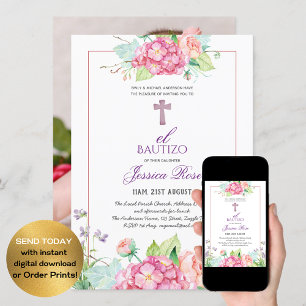 Invitation Filles Floral BAUTIZO Bautismo Croix catholique ro