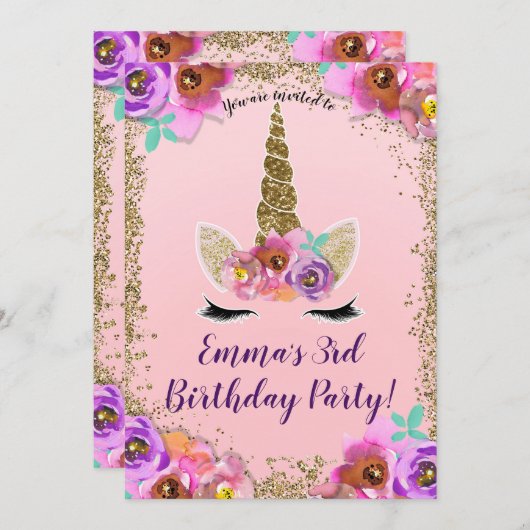 Invitation Filles Floral & Gold Parties scintillant Unicorn f (Devant / Derrière)