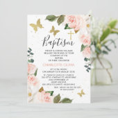 Invitation Filles Floral Rose Et Papillons D'Or Baptême (Debout devant)