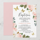 Invitation Filles Floral Rose Et Papillons D'Or Baptême (Devant / Derrière)