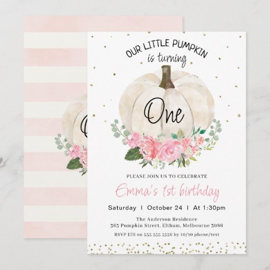 Invitation Filles florales rose Citrouille blanche 1er annive (Devant / Derrière)