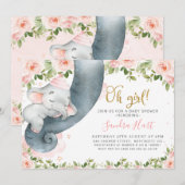 Invitation Filles florales roses Baby shower de tronc éléphan (Devant / Derrière)