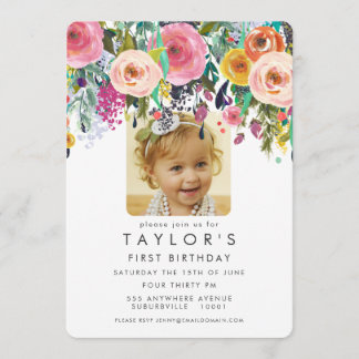 Invitation Filles florifères peintes 1er anniversaire Invitat