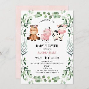 Invitation Filles Foliage Wreath Farm Animaux Baby shower