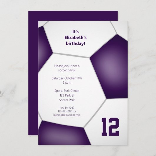 Invitation filles garçons violet soccer fête d'anniversaire s (Devant / Derrière)