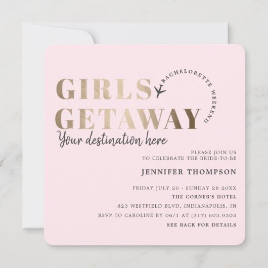 Invitation Filles Getaway Blush & Gold Bachelorette Week-end (Devant)