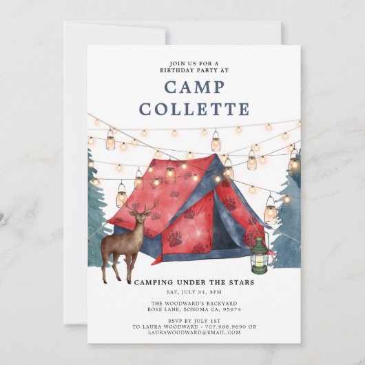Invitation Filles Glamping Camping Anniversaire Fête Invitati (Devant)