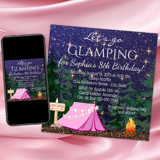 Invitation Filles Glamping fête d'anniversaire