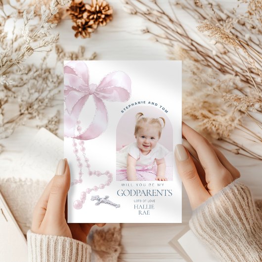 Invitation Filles Godparent Proposition, Pink Bow & Rosary Ca