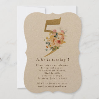 Invitation Filles Gold Floral 5e fête d'anniversaire