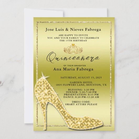 Invitation Fille's Gold Stiletto Quinceañera fête d'anniversa (Devant)