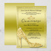 Invitation Fille's Gold Stiletto Quinceañera fête d'anniversa (Devant / Derrière)