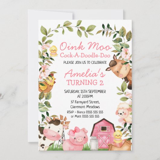 Invitation Filles Grange rose Animaux de ferme du feuillage A (Devant)