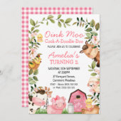 Invitation Filles Grange rose Animaux de ferme du feuillage A (Devant / Derrière)