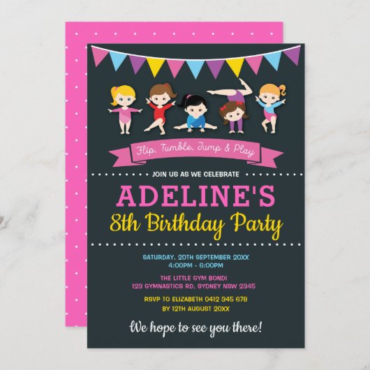 Invitation Filles Gymnastique Anniversaire Gym Party Pink Cha (Devant / Derrière)