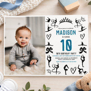 Invitation Filles Gymnastique Moderne Noir Anniversaire 10 An