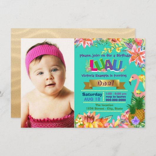 Invitation Filles Hawaiian Luau fête d'anniversaire (Devant / Derrière)