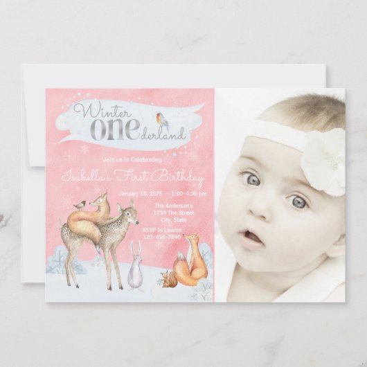 Invitation Filles Hiver ONE derland Woodland Photo Anniversai (Devant)