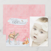 Invitation Filles Hiver ONE derland Woodland Photo Anniversai (Devant / Derrière)