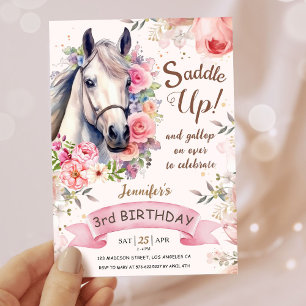 Invitation Filles Horse 3e anniversaire Fleurs en fleurs Sadd