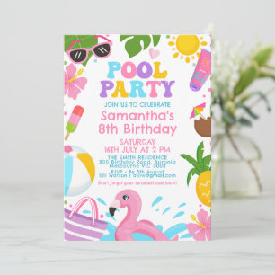 Invitation Filles jolies et colorées Retro Pool Party Anniver