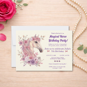 Invitation Filles Jolis Poneys Floral Pastel Cheval
